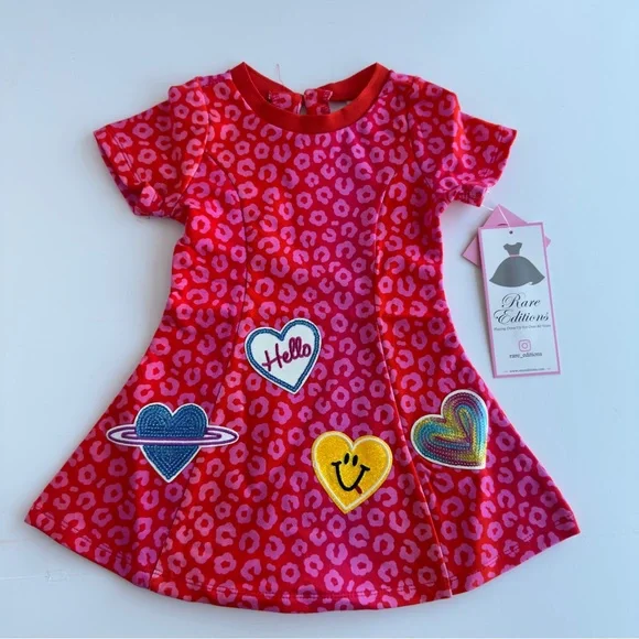 Rare Editions Toddler Girls Leopard Print Patches Dress Pink/Red NWT NEW - Picture 2 of 15